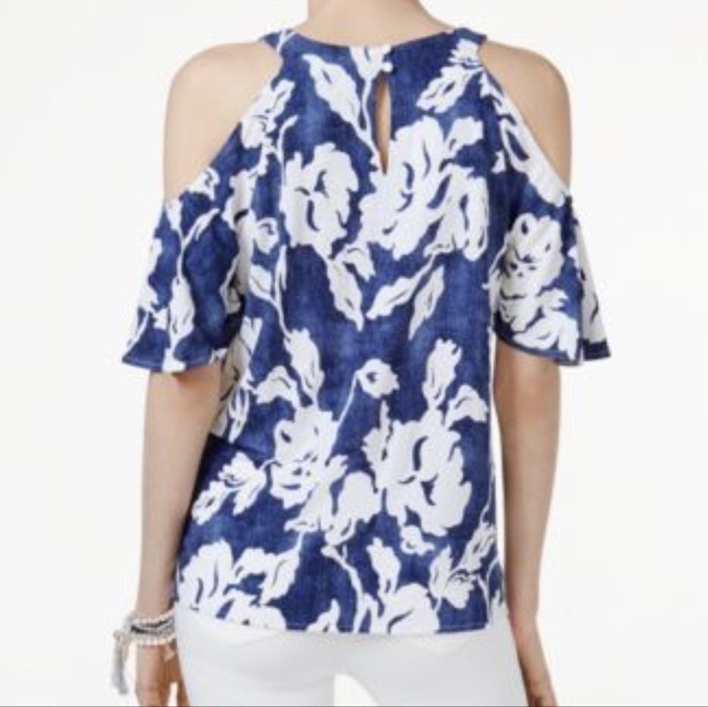 INC International  | Floral Flowy Blue White Shoulder Cutout Tank Top Size M - Picture 2 of 7